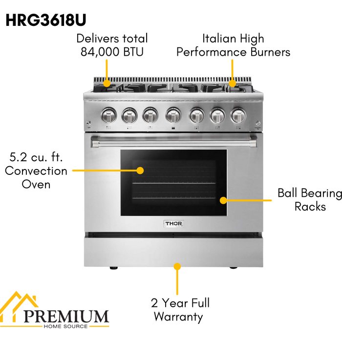 Thor Kitchen 36 In. Gas Range, Range Hood, Refrigerator, Dishwasher Appliance Package