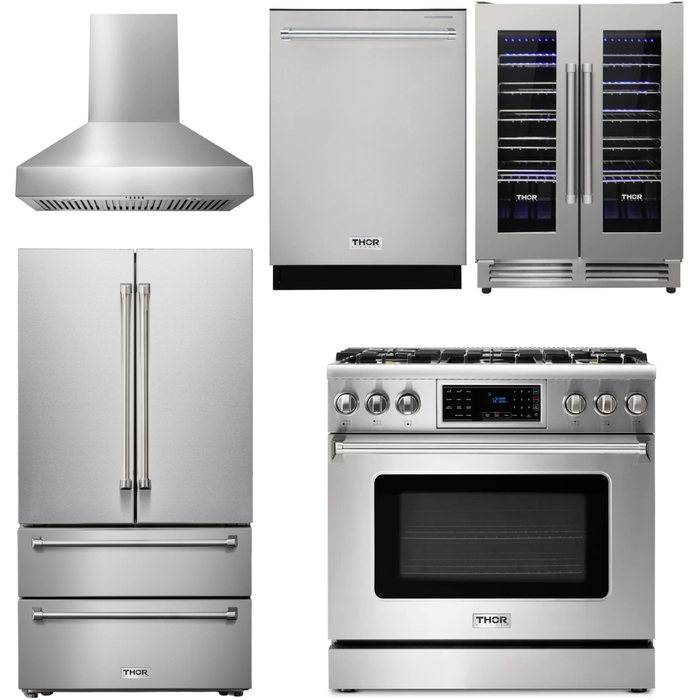 Thor Kitchen 36 In. Gas Range, Range Hood, Refrigerator, Dishwasher, Wine Cooler Appliance Package