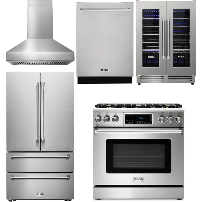 Thor Kitchen 36 In. Gas Range, Range Hood, Refrigerator, Dishwasher, Wine Cooler Appliance Package