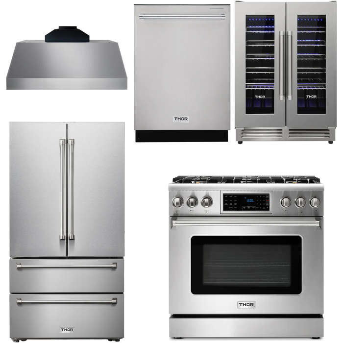 Thor Kitchen 36 In. Gas Range, Range Hood, Refrigerator, Dishwasher, Wine Cooler Appliance Package