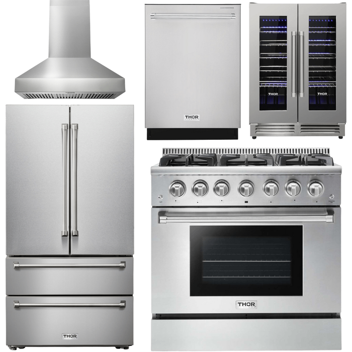 Thor Kitchen 36 In. Gas Range, Range Hood, Refrigerator, Dishwasher, Wine Cooler Appliance Package