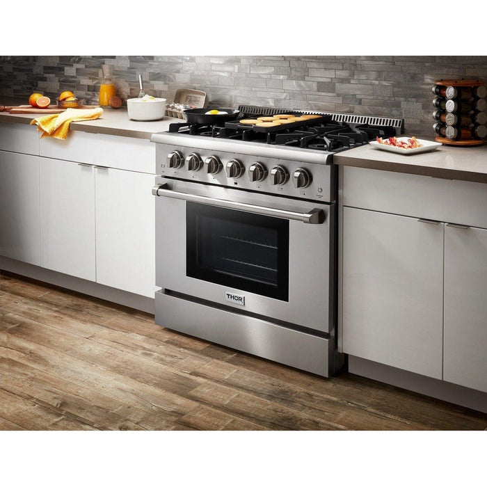 Thor Kitchen 36 In. Gas Range, Range Hood, Refrigerator, Dishwasher, Wine Cooler Appliance Package