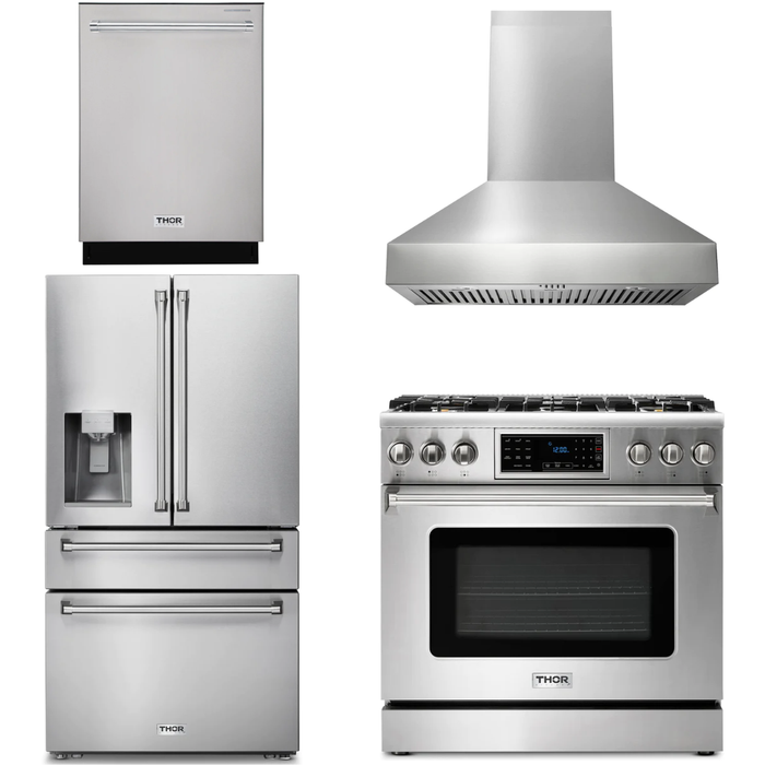 Thor Kitchen 36 In. Gas Range, Range Hood, Refrigerator with Water and Ice Dispenser, Dishwasher Appliance Package