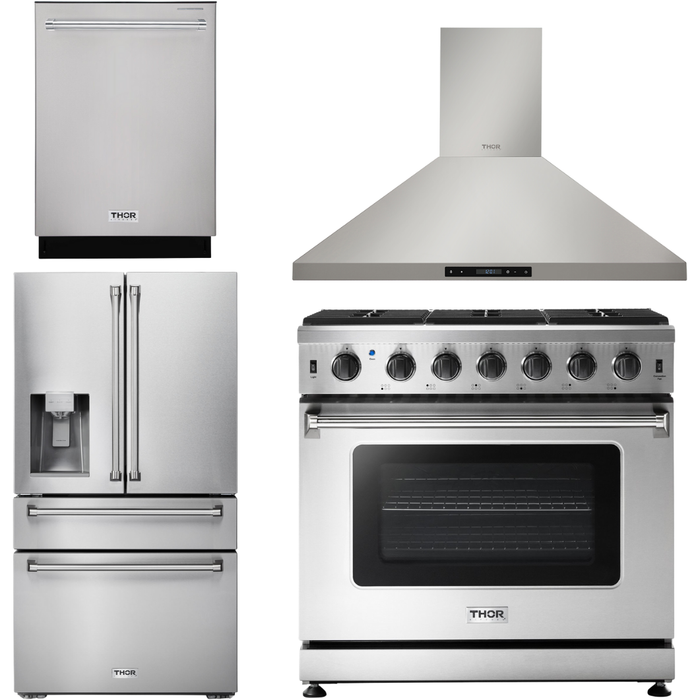 Thor Kitchen 36 in. Gas Range, Range Hood, Refrigerator with Water and Ice Dispenser, Dishwasher Appliance Package