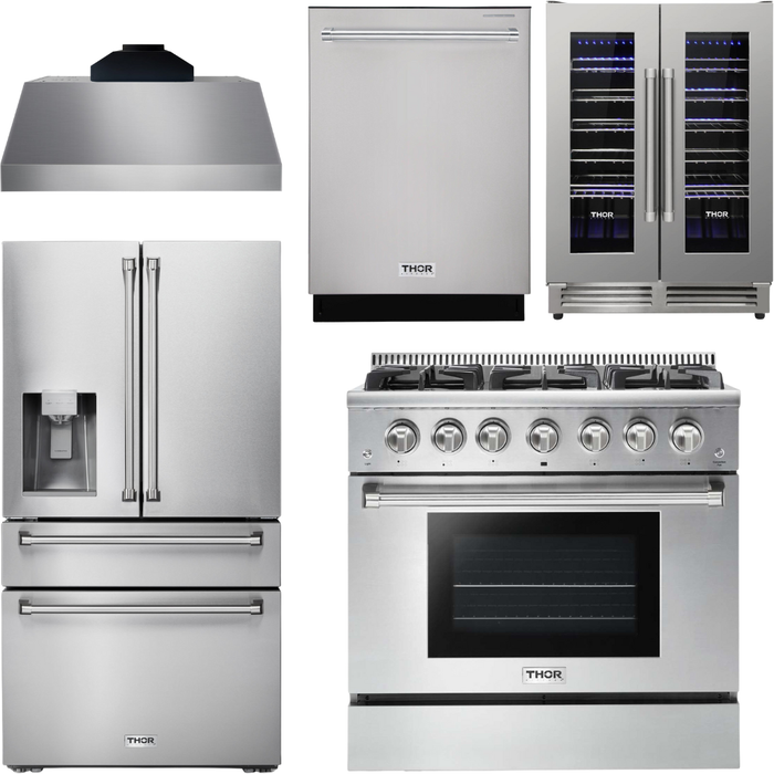 Thor Kitchen 36 In. Gas Range, Range Hood, Refrigerator with Water and Ice Dispenser, Dishwasher, Wine Cooler Appliance Package