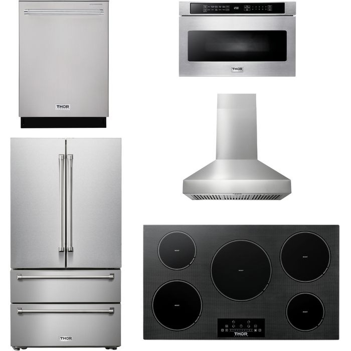 Thor Kitchen 36 In. Induction Cooktop, Range Hood, Microwave Drawer, Refrigerator, Dishwasher Appliance Package