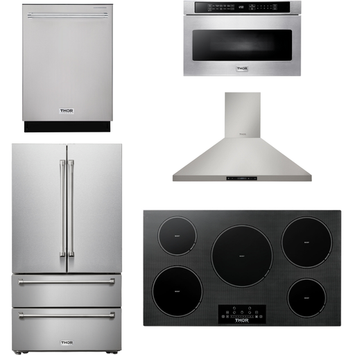 Thor Kitchen 36 In. Induction Cooktop, Range Hood, Microwave Drawer, Refrigerator, Dishwasher Appliance Package