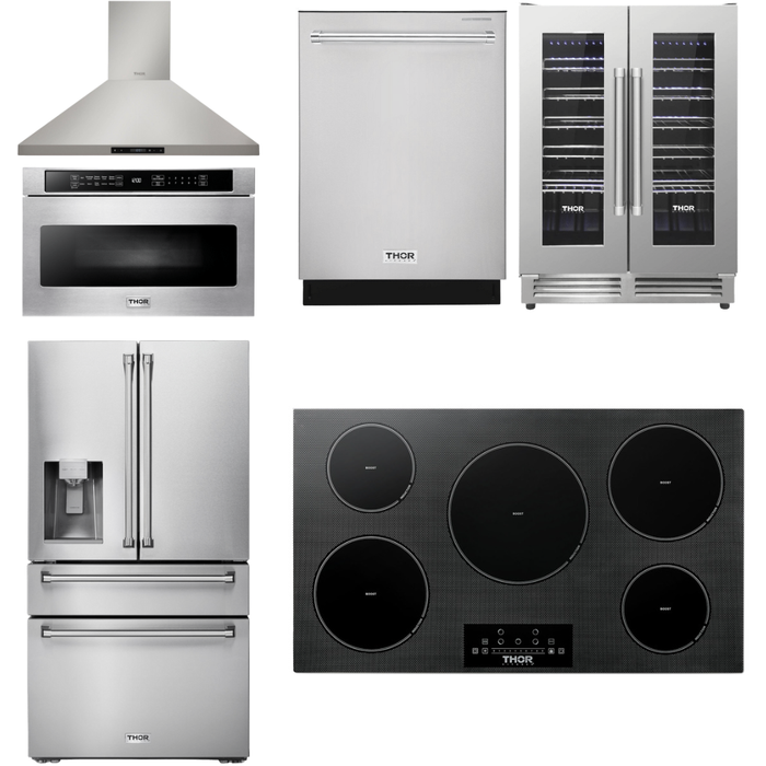 Thor Kitchen 36 In. Induction Cooktop, Range Hood, Microwave Drawer, Refrigerator with Water and Ice Dispenser, Dishwasher, Wine Cooler Appliance Package