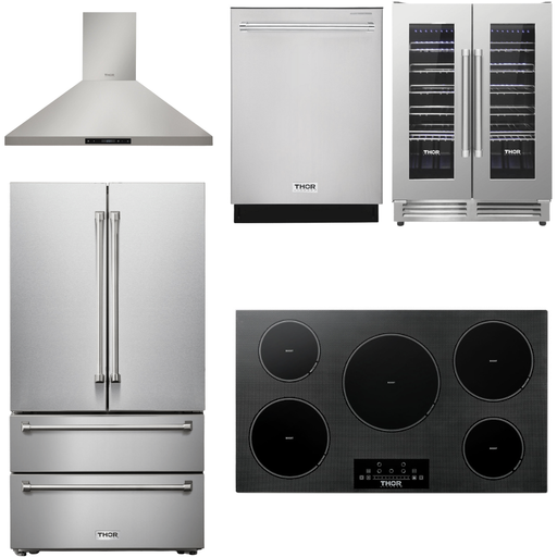 Thor Kitchen 36 In. Induction Cooktop, Range Hood, Refrigerator, Dishwasher, Wine Cooler Appliance Package