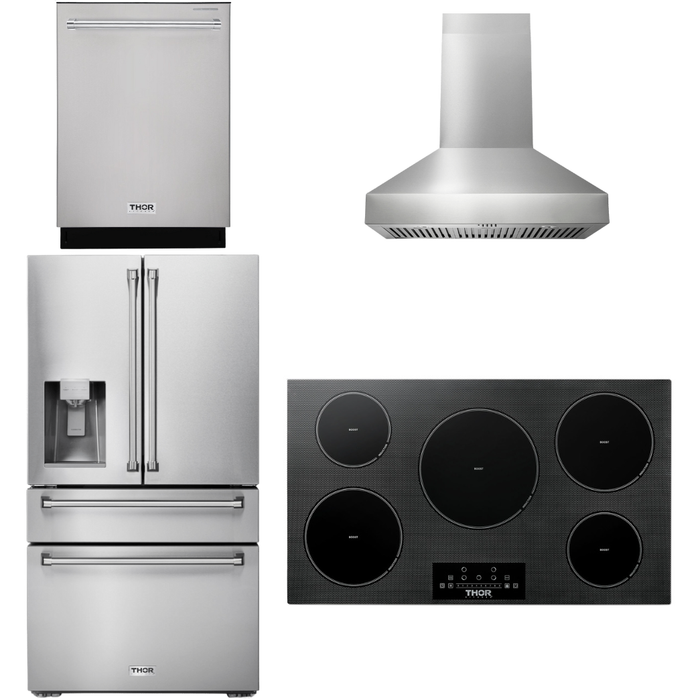 Thor Kitchen 36 In. Induction Cooktop, Range Hood, Refrigerator with Water and Ice Dispenser, Dishwasher Appliance Package