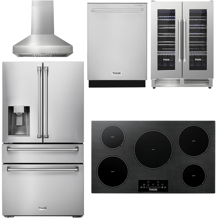 Thor Kitchen 36 In. Induction Cooktop, Range Hood, Refrigerator with Water and Ice Dispenser, Dishwasher, Wine Cooler Appliance Package