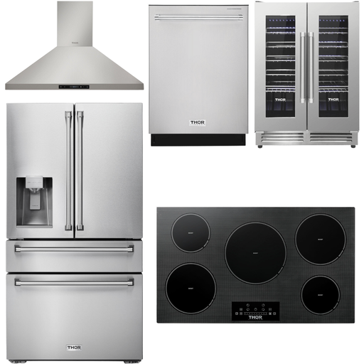 Thor Kitchen 36 In. Induction Cooktop, Range Hood, Refrigerator with Water and Ice Dispenser, Dishwasher, Wine Cooler Appliance Package