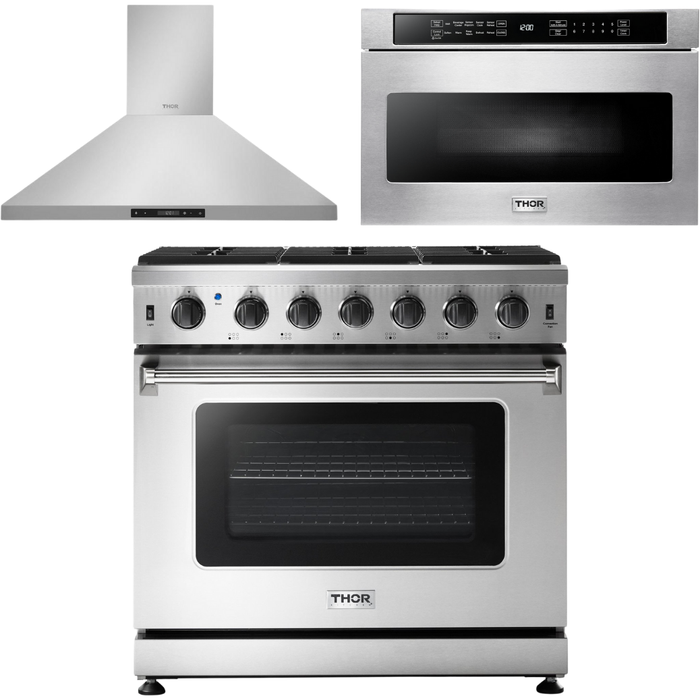 Thor Kitchen 36 in. Natural Gas Range, Range Hood, Microwave Drawer Appliance Package