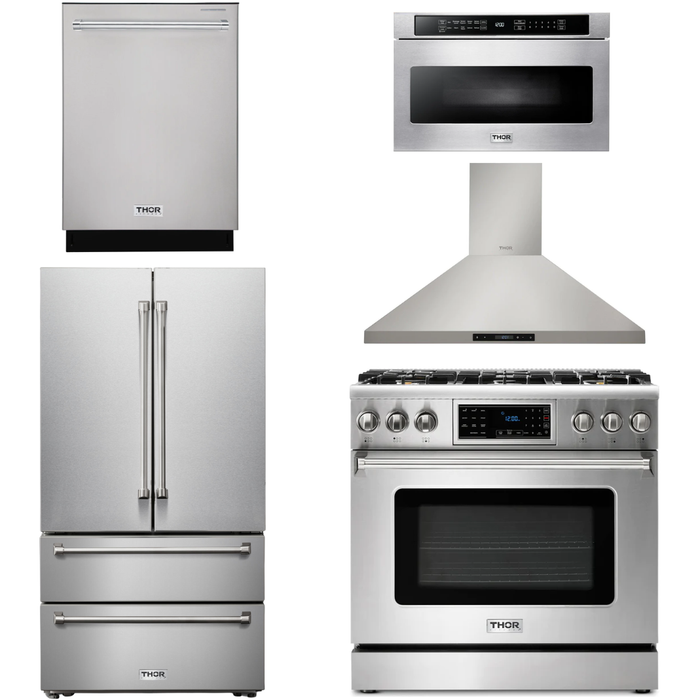 Thor Kitchen 36 In. Natural Gas Range, Range Hood, Microwave Drawer, Refrigerator, Dishwasher Appliance Package