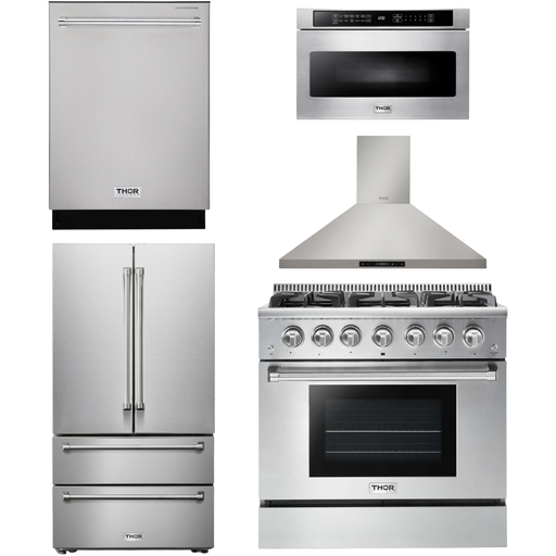 Thor Kitchen 36 In. Natural Gas Range, Range Hood, Microwave Drawer, Refrigerator, Dishwasher Appliance Package