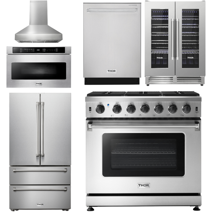 Thor Kitchen 36 In. Natural Gas Range, Range Hood, Microwave Drawer, Refrigerator, Dishwasher, Wine Cooler Appliance Package