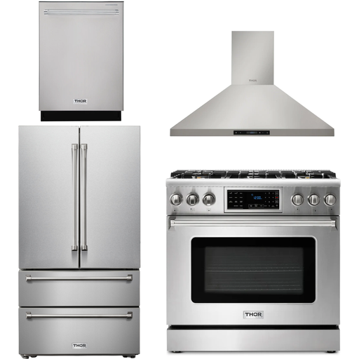 Thor Kitchen 36 In. Natural Gas Range, Range Hood, Refrigerator, Dishwasher Appliance Package