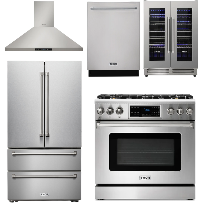 Thor Kitchen 36 In. Natural Gas Range, Range Hood, Refrigerator, Dishwasher, Wine Cooler Appliance Package