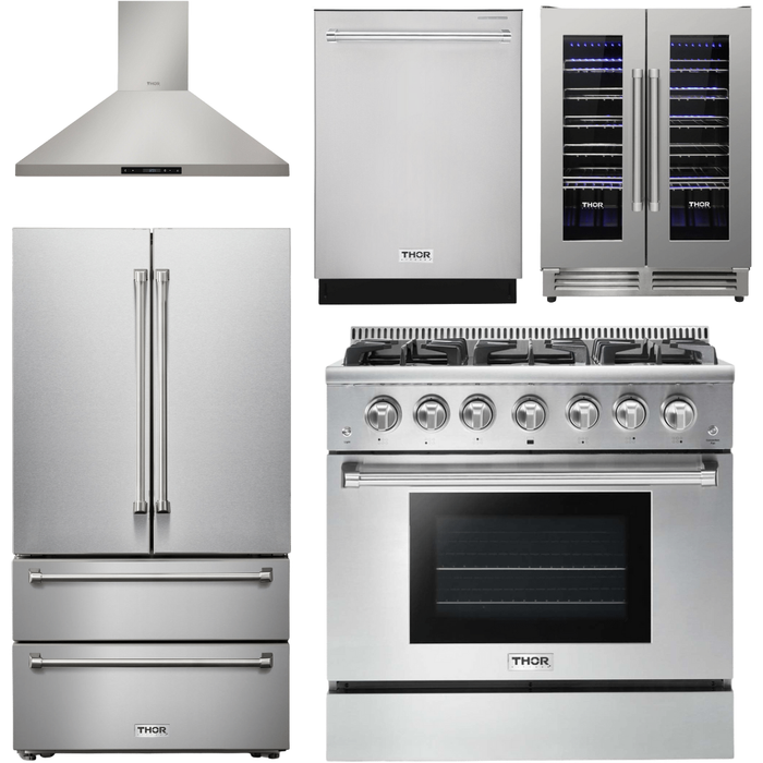 Thor Kitchen 36 In. Natural Gas Range, Range Hood, Refrigerator, Dishwasher, Wine Cooler Appliance Package