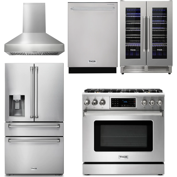 Thor Kitchen 36 In. Natural Gas Range, Range Hood, Refrigerator with Water and Ice Dispenser, Dishwasher, Wine Cooler Appliance Package