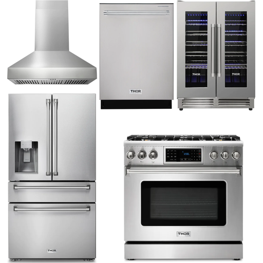 Thor Kitchen 36 In. Natural Gas Range, Range Hood, Refrigerator with Water and Ice Dispenser, Dishwasher, Wine Cooler Appliance Package