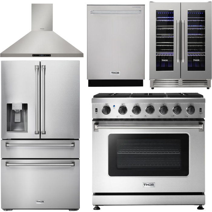 Thor Kitchen 36 in. Natural Gas Range, Range Hood, Refrigerator with Water and Ice Dispenser, Dishwasher, Wine Cooler Appliance Package