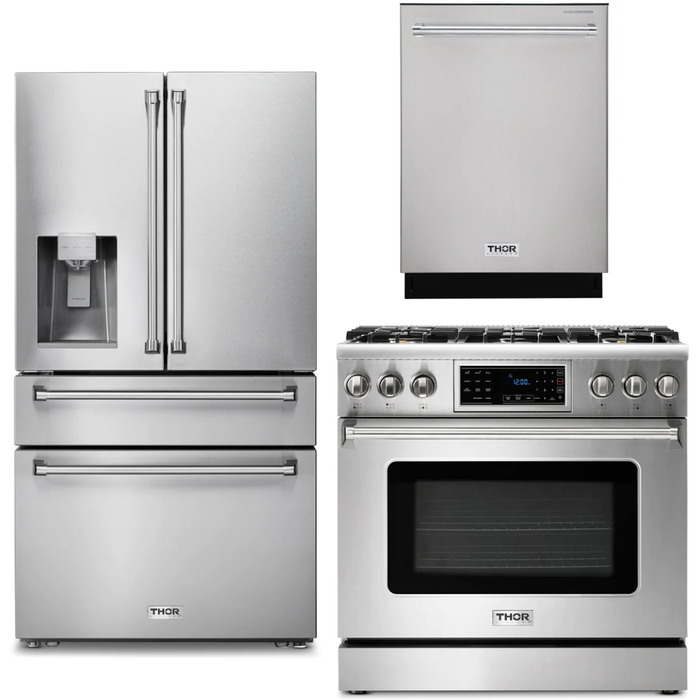 Thor Kitchen 36 In. Natural Gas Range, Refrigerator with Water and Ice Dispenser, Dishwasher Appliance Package