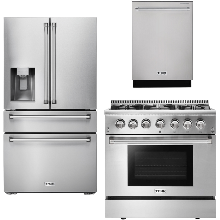 Thor Kitchen 36 In. Propane Gas Burner/Electric Oven Range, Dishwasher, Refrigerator with Water and Ice Dispenser Appliance Package