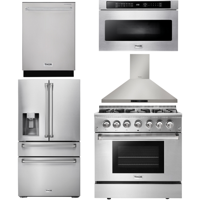 Thor Kitchen 36 in. Propane Gas Burner/Electric Oven Range, Range Hood, Microwave Drawer, Refrigerator with Water and Ice Dispenser, Dishwasher Appliance Package