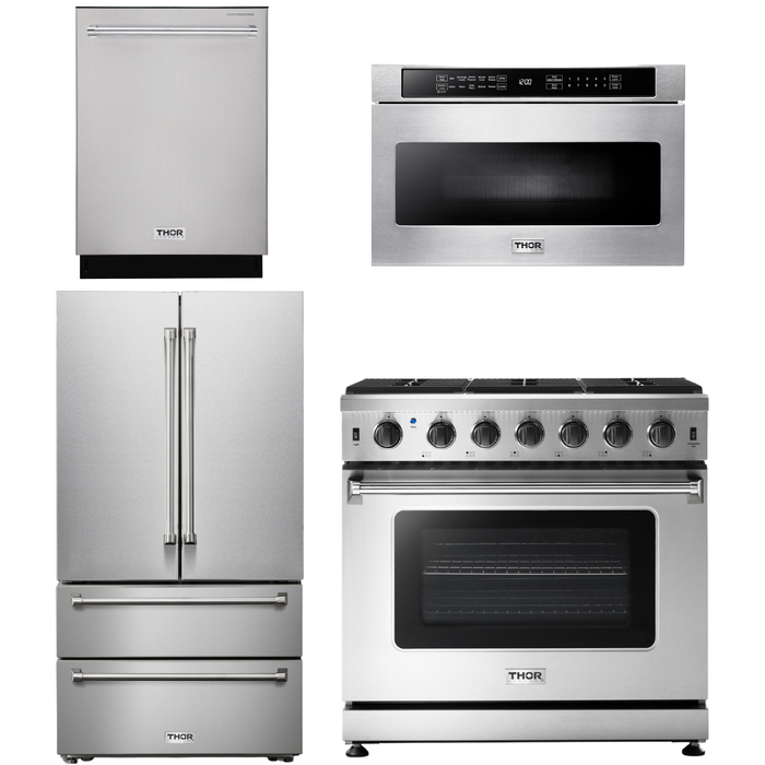 Thor Kitchen 36 In. Propane Gas Range, Microwave Drawer, Refrigerator, Dishwasher Appliance Package