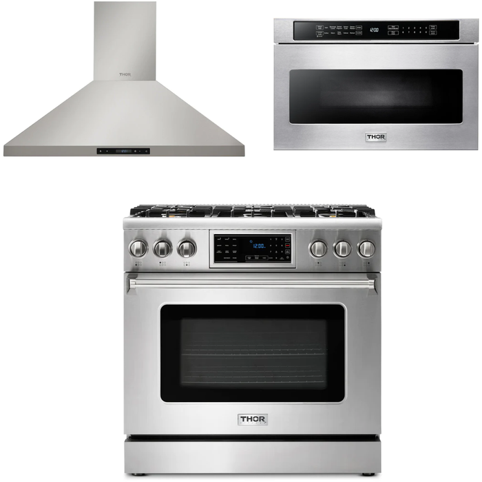 Thor Kitchen 36 In. Propane Gas Range, Range Hood, Microwave Drawer Appliance Package