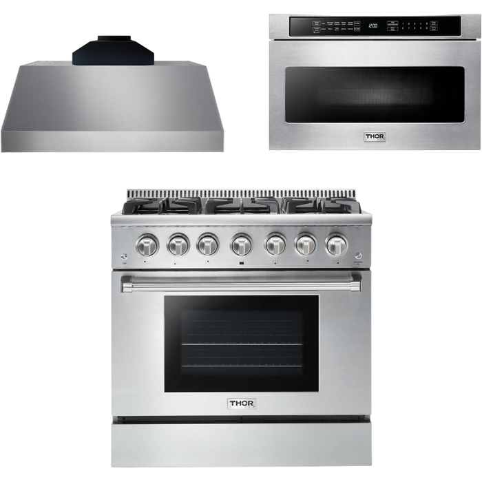 Thor Kitchen 36 In. Propane Gas Range, Range Hood, Microwave Drawer Appliance Package