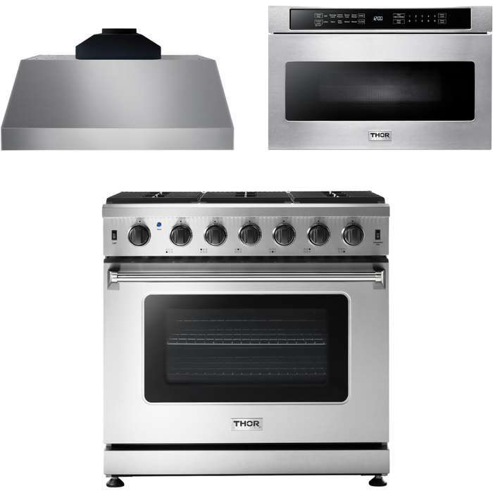 Thor Kitchen 36 In. Propane Gas Range, Range Hood, Microwave Drawer Appliance Package