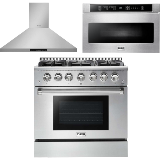 Thor Kitchen 36 in. Propane Gas Range, Range Hood, Microwave Drawer Appliance Package