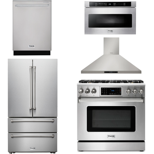 Thor Kitchen 36 In. Propane Gas Range, Range Hood, Microwave Drawer, Refrigerator, Dishwasher Appliance Package