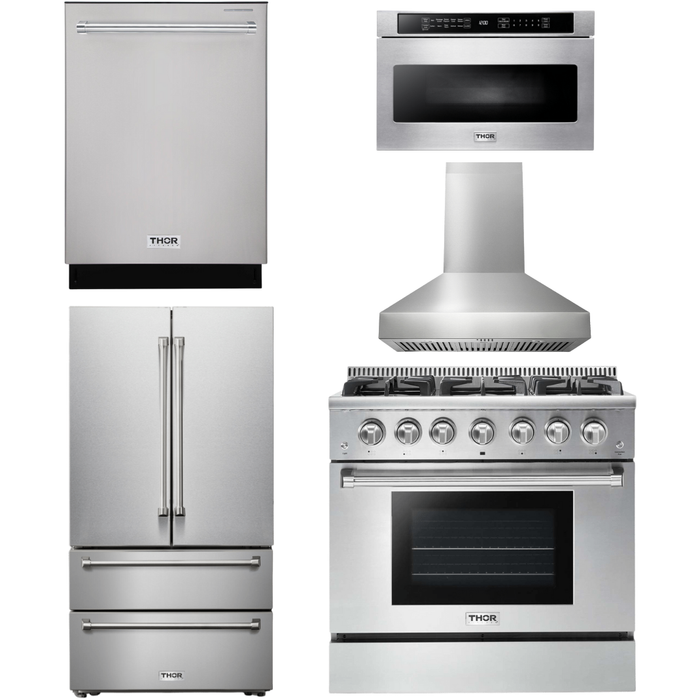 Thor Kitchen 36 In. Propane Gas Range, Range Hood, Microwave Drawer, Refrigerator, Dishwasher Appliance Package