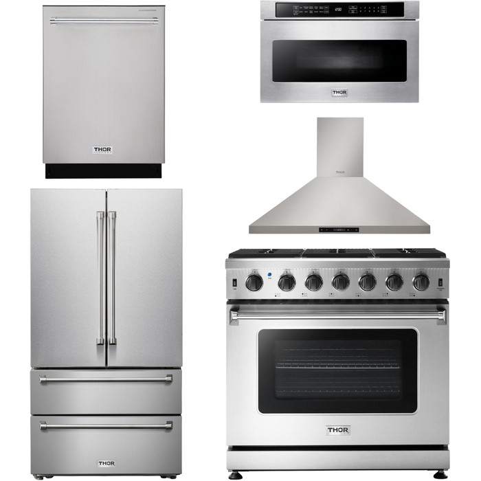 Thor Kitchen 36 In. Propane Gas Range, Range Hood, Microwave Drawer, Refrigerator, Dishwasher Appliance Package