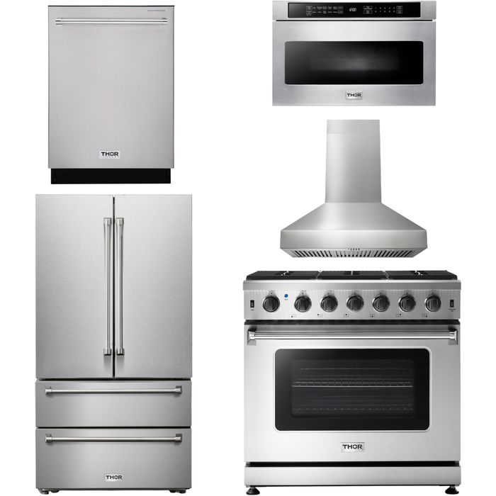 Thor Kitchen 36 In. Propane Gas Range, Range Hood, Microwave Drawer, Refrigerator, Dishwasher Appliance Package