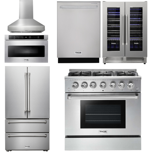 Thor Kitchen 36 In. Propane Gas Range, Range Hood, Microwave Drawer, Refrigerator, Dishwasher, Wine Cooler Appliance Package