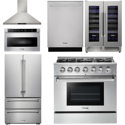 Thor Kitchen 36 In. Propane Gas Range, Range Hood, Microwave Drawer, Refrigerator, Dishwasher, Wine CooleR Appliance Package