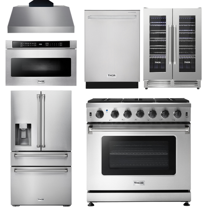 Thor Kitchen 36 In. Propane Gas Range, Range Hood, Microwave Drawer, Refrigerator with Fridge and Ice Maker, Dishwasher, Wine Cooler Appliance Package