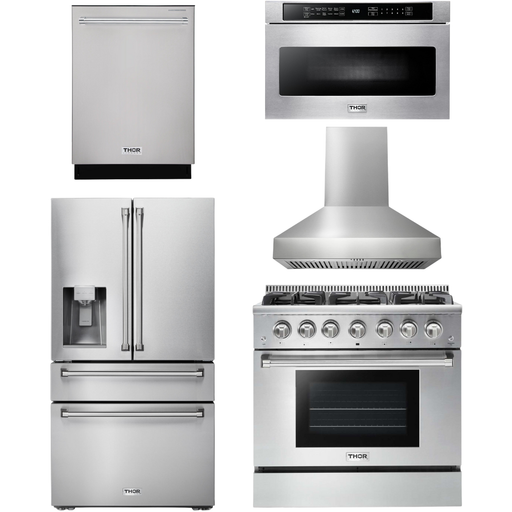 Thor Kitchen 36 In. Propane Gas Range, Range Hood, Microwave Drawer, Refrigerator with Water and Ice Dispenser, Dishwasher Appliance Package