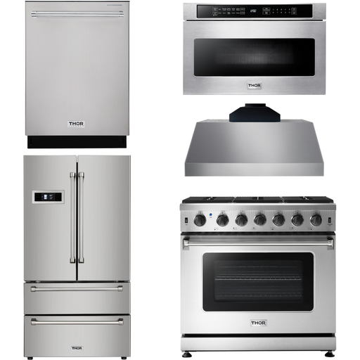 Thor Kitchen 36 In. Propane Gas Range, Range Hood, Microwave Drawer, Refrigerator with Water and Ice Dispenser, Dishwasher Appliance Package