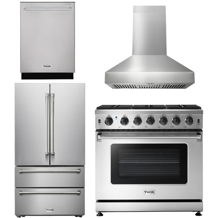 Thor Kitchen 36 In. Propane Gas Range, Range Hood, Refrigerator, Dishwasher Appliance Package