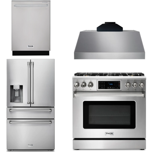 Thor Kitchen 36 In. Propane Gas Range, Range Hood, Refrigerator with Water and Ice Dispenser, Dishwasher Appliance Package