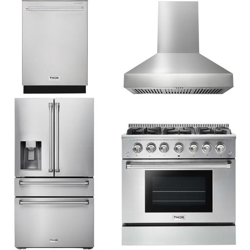 Thor Kitchen 36 In. Propane Gas Range, Range Hood, Refrigerator with Water and Ice Dispenser, Dishwasher Appliance Package