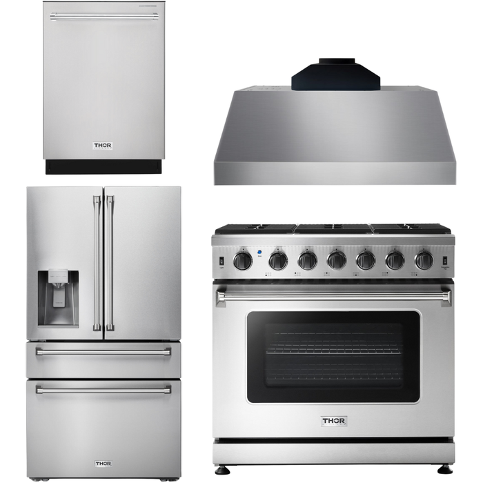 Thor Kitchen 36 In. Propane Gas Range, Range Hood, Refrigerator with Water and Ice Dispenser, Dishwasher Appliance Package