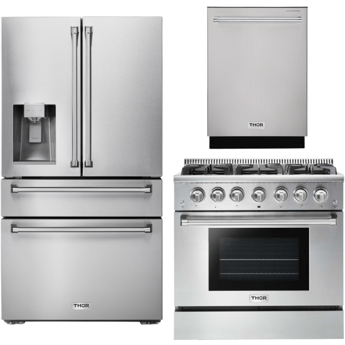 Thor Kitchen 36 In. Propane Gas Range, Refrigerator with Water and Ice Dispenser, Dishwasher Appliance Package