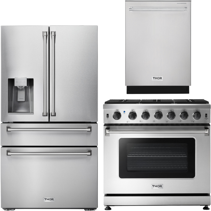 Thor Kitchen 36 in. Propane Gas Range, Refrigerator with Water and Ice Dispenser, Dishwasher Appliance Package