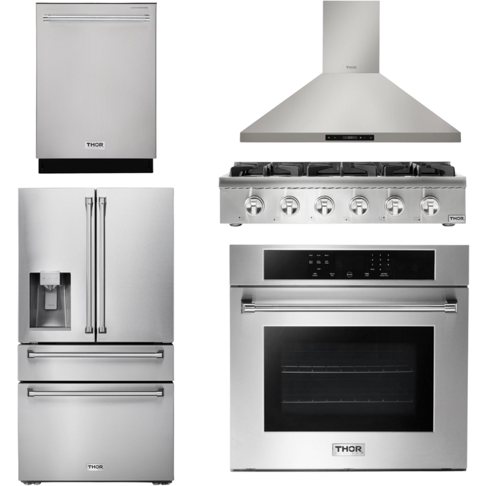 Thor Kitchen 36 In. Propane Gas Rangetop, Range Hood, Wall Oven, Refrigerator with Water and Ice Dispenser, Dishwasher Appliance Package